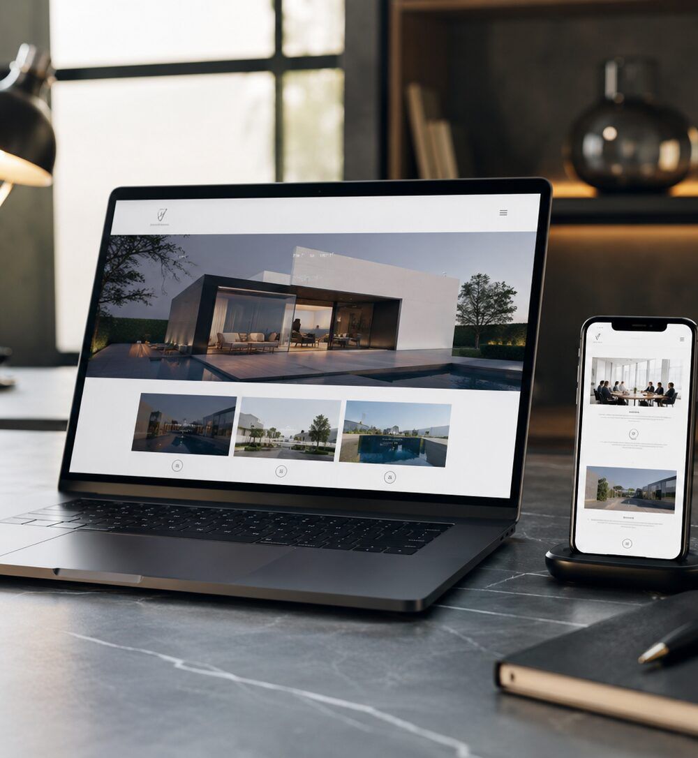 Laptop mit moderner Unternehmenswebsite auf dem Bildschirm als Symbol für professionelle Homepage-Erstellung und strategisches Webdesign.