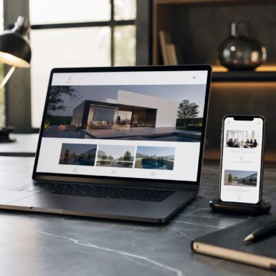 Laptop mit moderner Unternehmenswebsite auf dem Bildschirm als Symbol für professionelle Homepage-Erstellung und strategisches Webdesign.